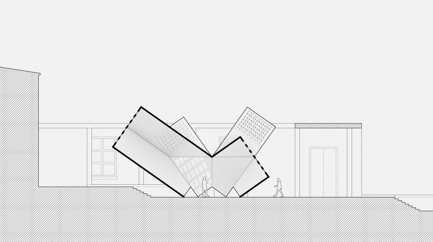 Architectural drawing sectional view showing fragmented pavilion with extruded rectangular walls