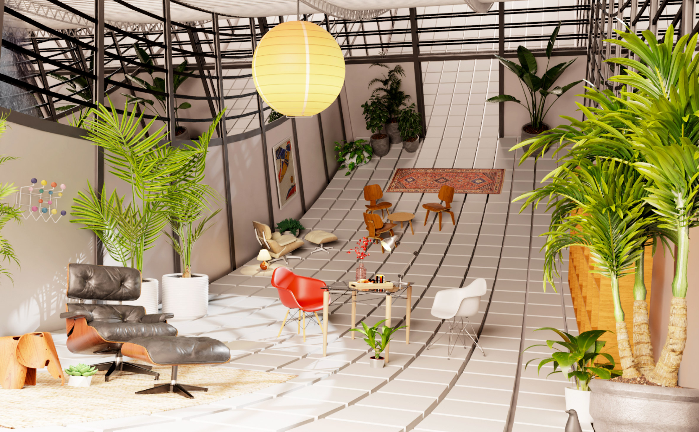 Image showing curved floor in interior space with furniture and plants