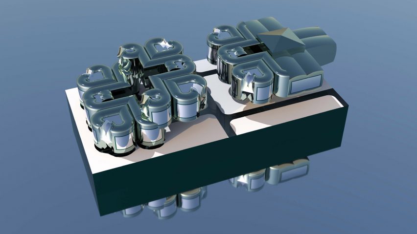3D model showing shiny building model on blue grey background