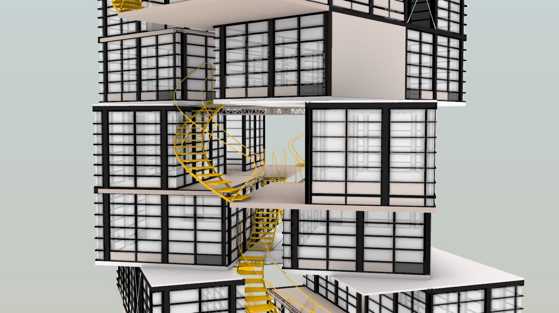 Visualisation showing segment of tall building with exterior yellow staircases