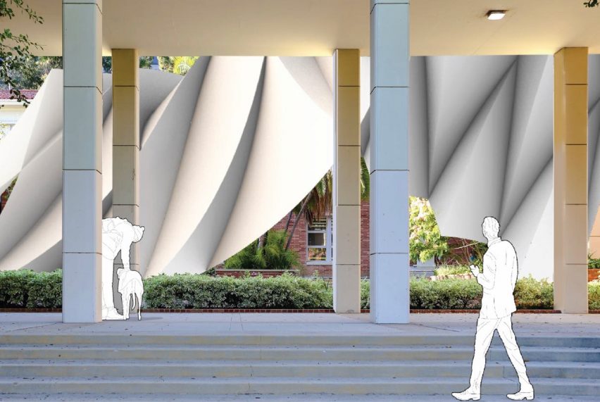 Visualisation showing rendered view of pleated building through column-lined walkway with 2D figures