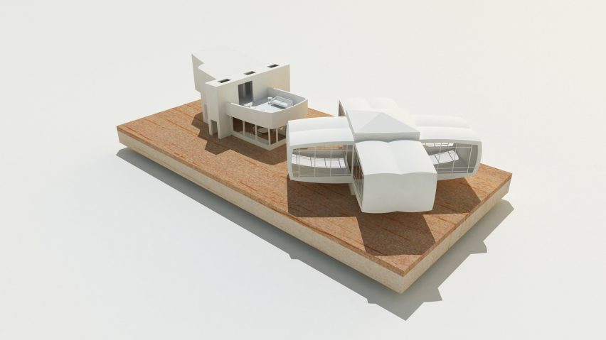 Digitally rendered model showing two buildings on a brown base
