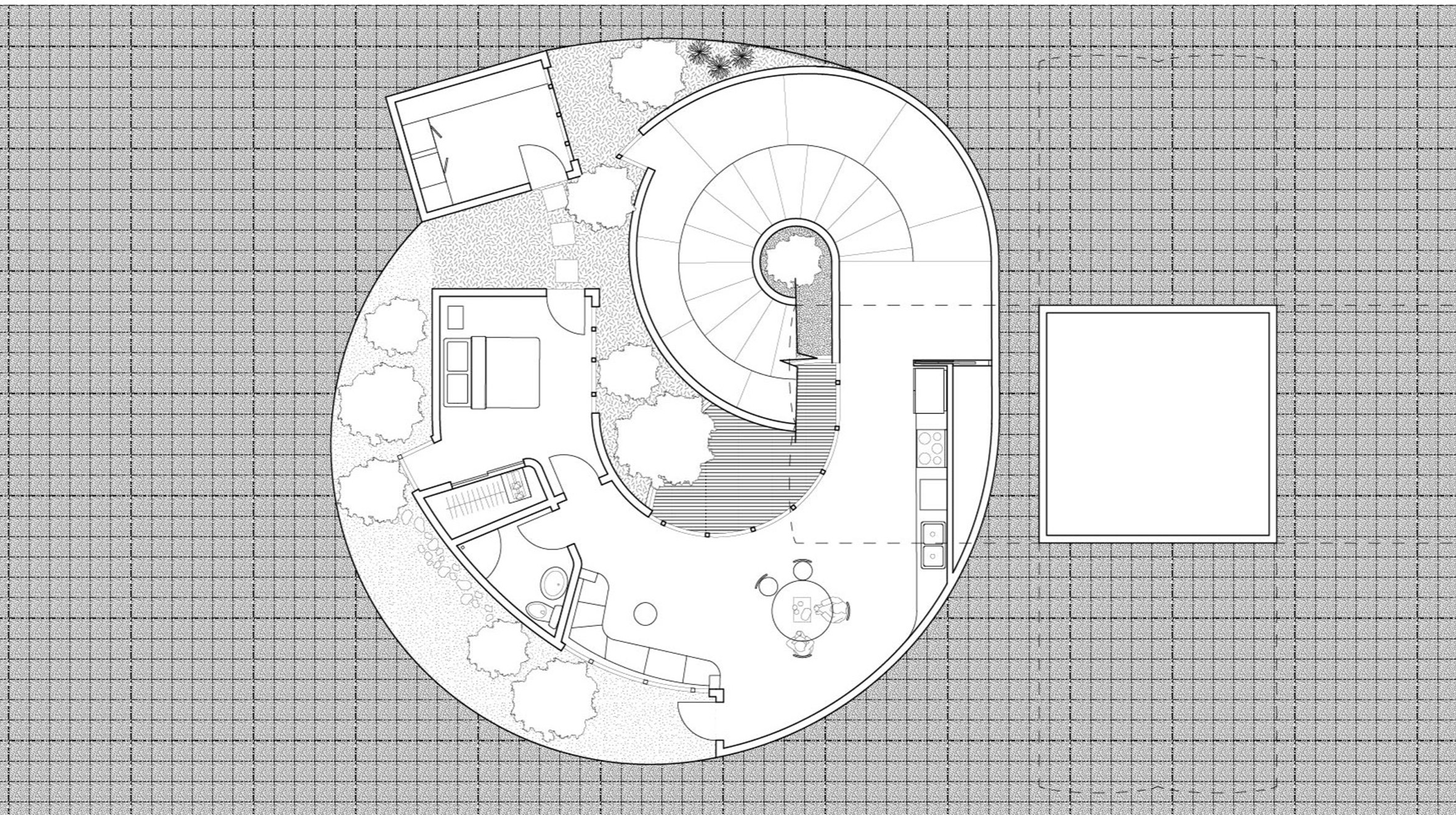 Architectural drawing plan view showing spiral-shaped house