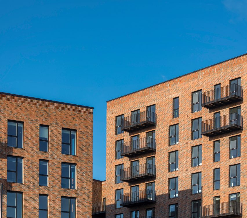 Rectilinear brick-clad residential complex building in Dalston