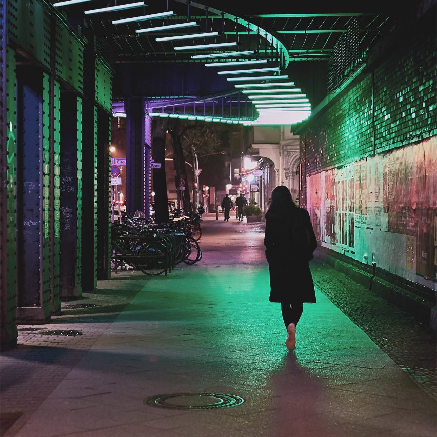 Woman walking at night