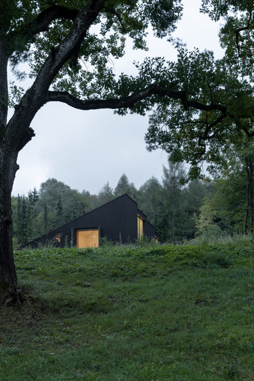 View of black home in woodland