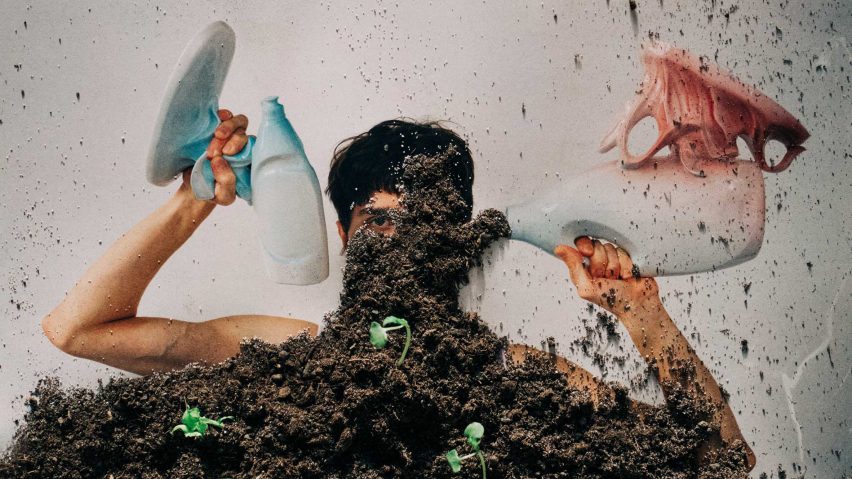 Photo of someone surrounded by soil holding ceramics