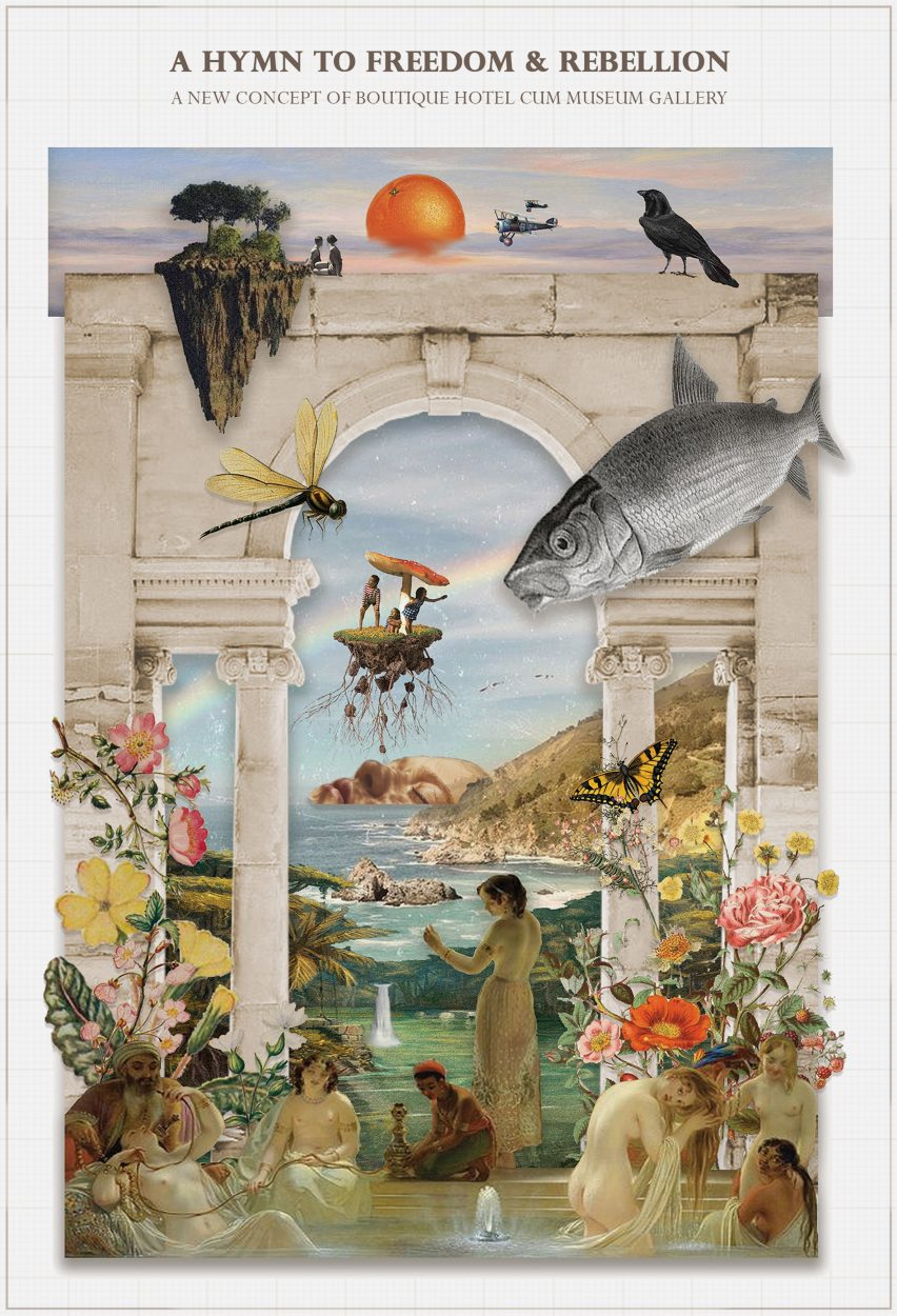 A front cover-style illustration of an archway with wildlife around it
