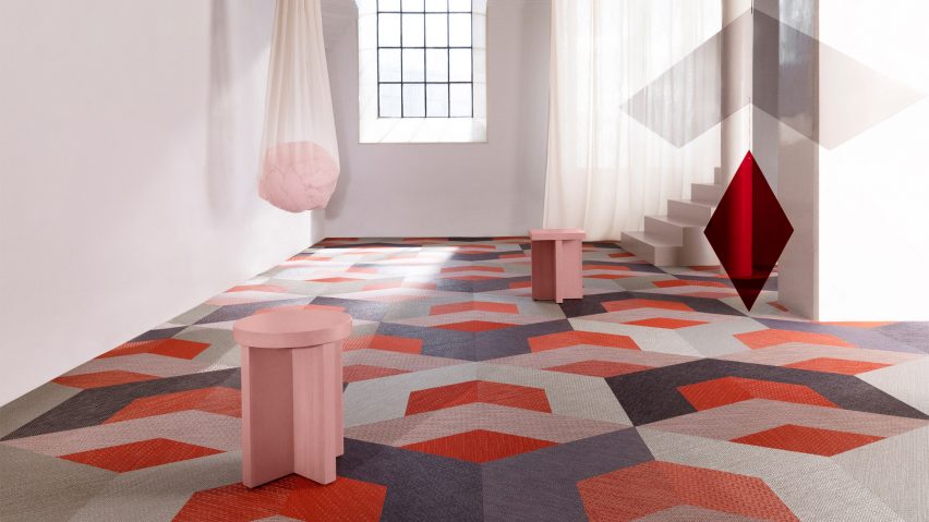 Grey, cream and red geometric carpet tiles by Bolon