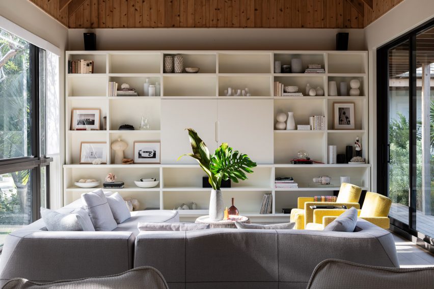 Living room with geometric shelving unit