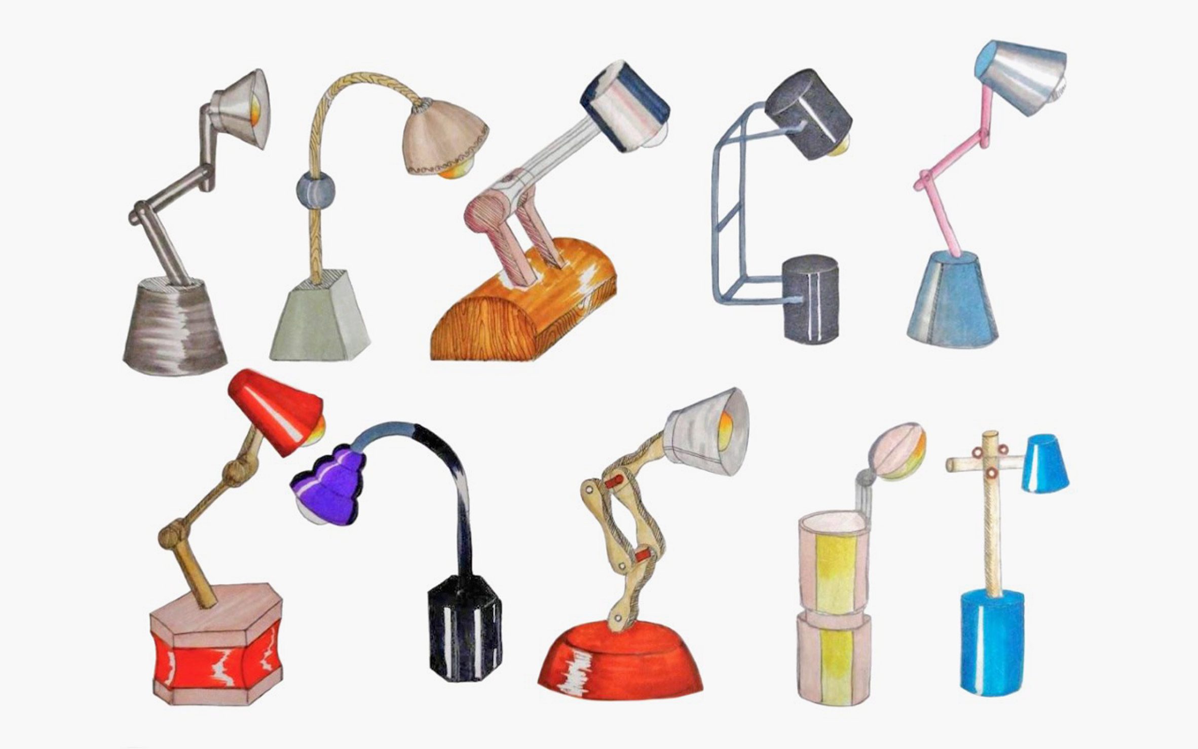 Illustrations of various anglepoise lamp designs