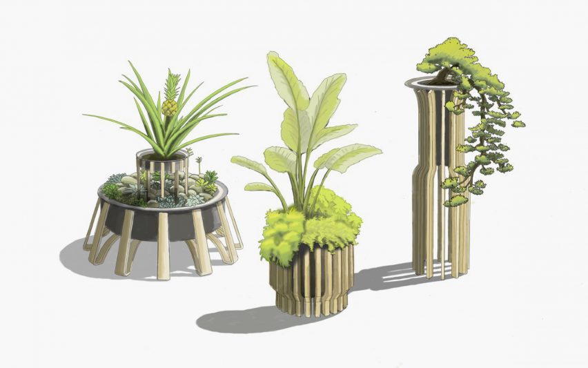 Illustrations of three planters