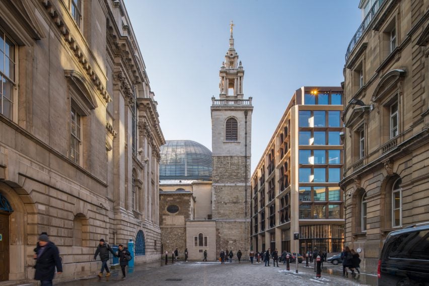 Exterior of St Stephen Walbrook Church situated next to Foster + Partner's Bloomberg headquarters
