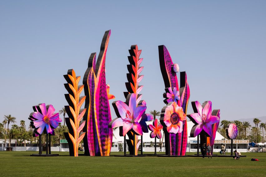 Flower sculptures with Coachella in the background