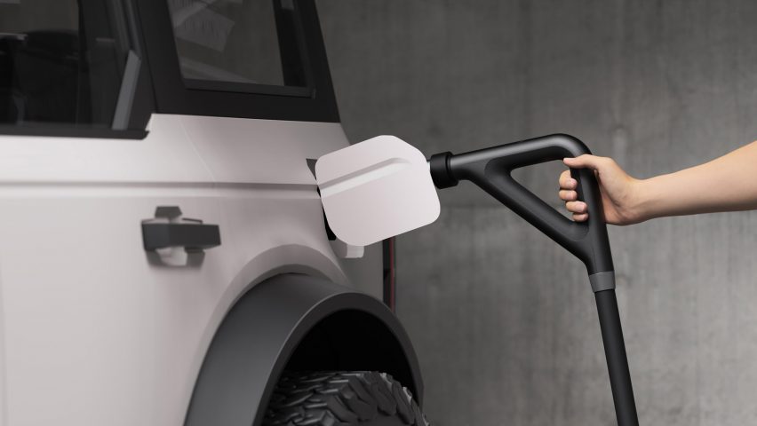 Rendering of an arm refuelling a truck with hydrogen from a hose as they would at a petrol pump