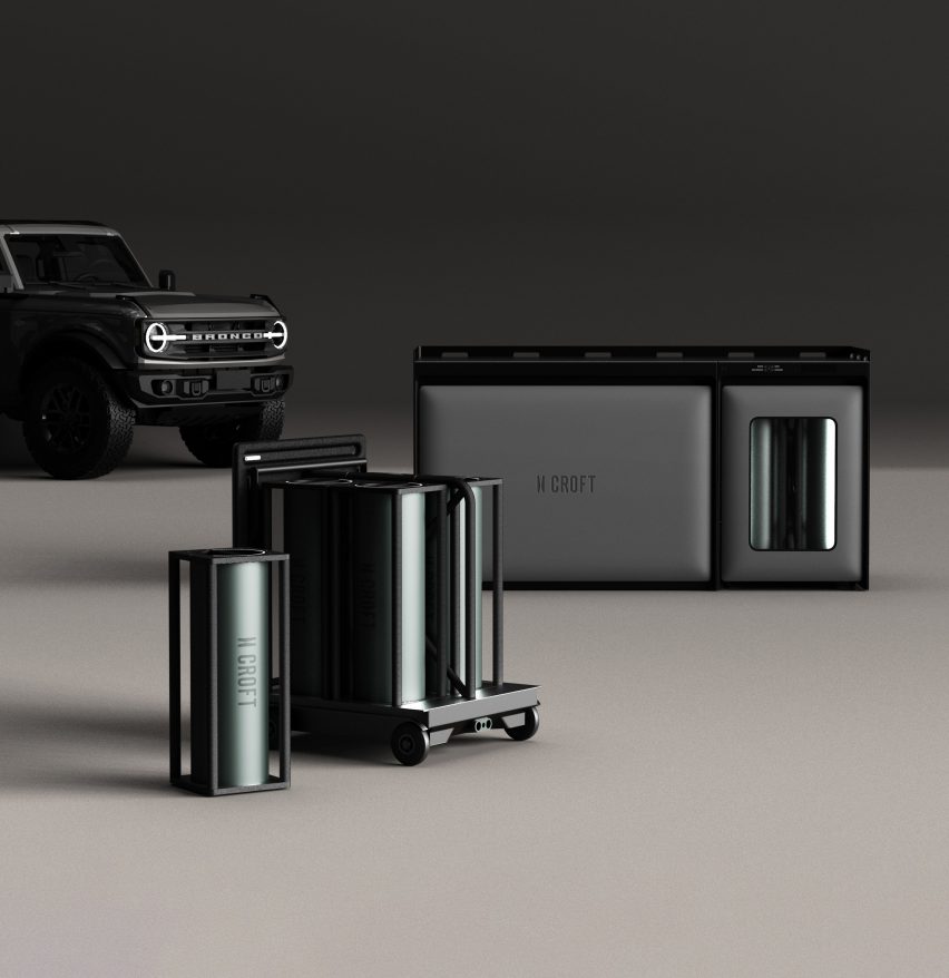 Rendering of technology products, with a grey-green cannisters at the front in a small cart, a rectangular grey machine in the middle and a pick-up truck at the back edge of the frame