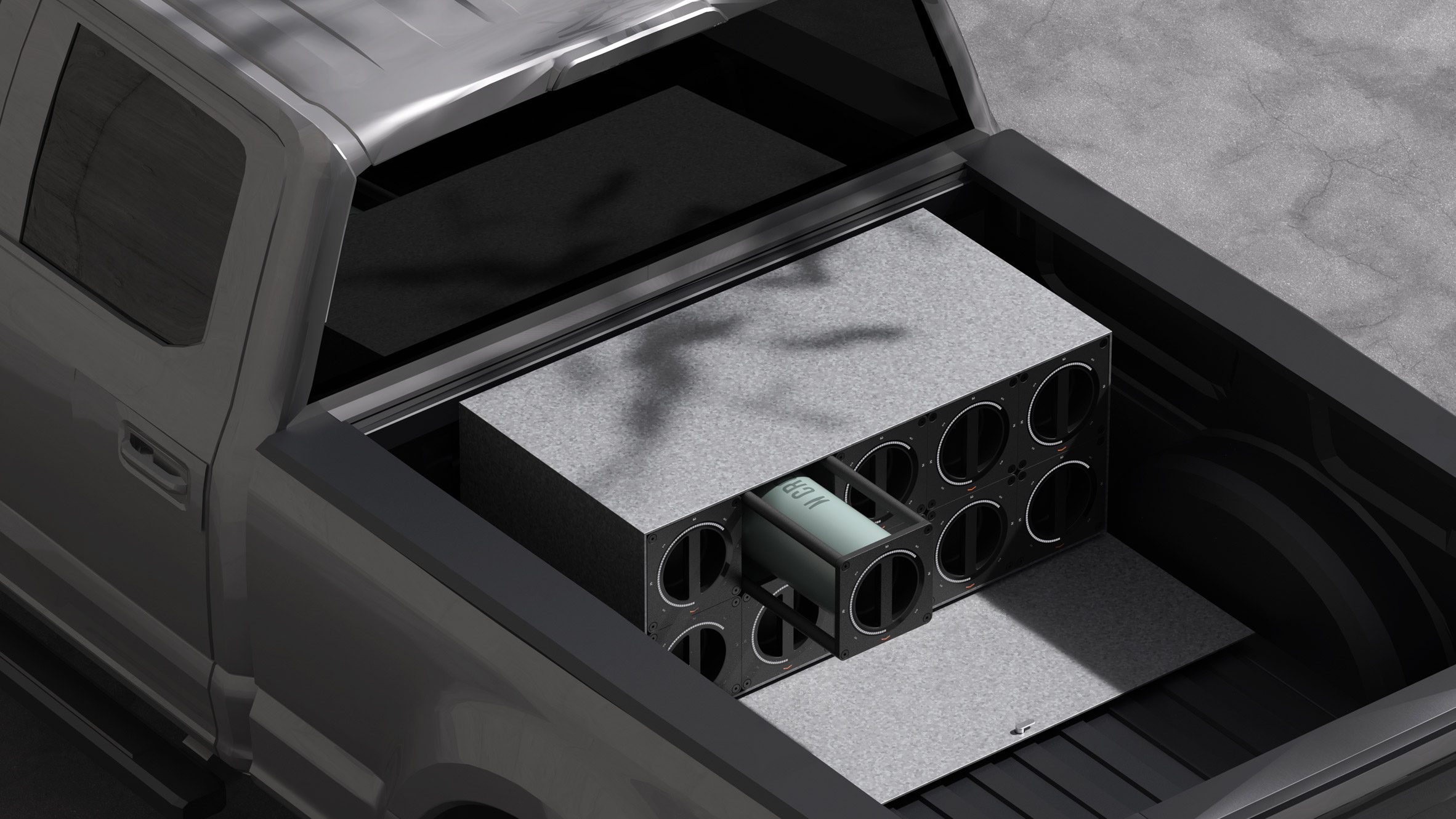 Rendering of the bed of a pick-up truck with modules for holding Croft hydrogen Nanocartridges
