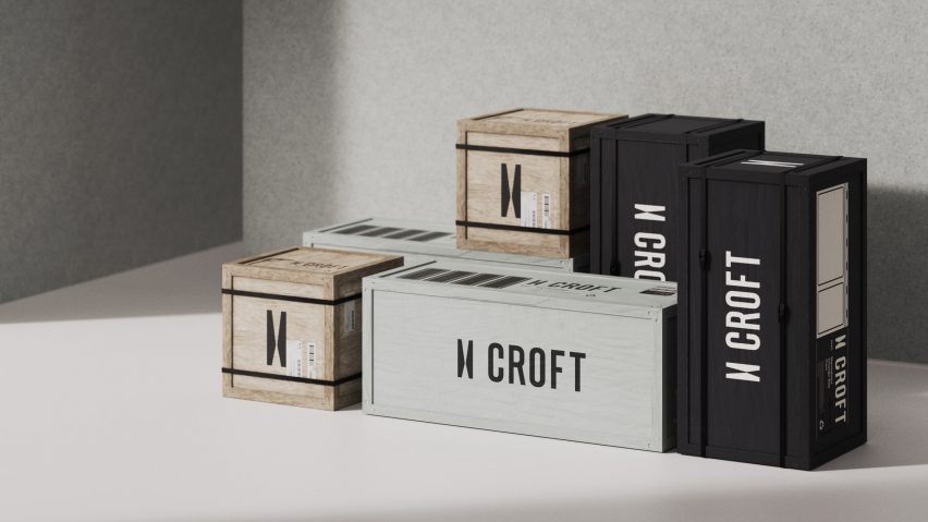 Rendering of wooden crates in shares of natural, pale mint green and black marked with the Croft logo and brandmark
