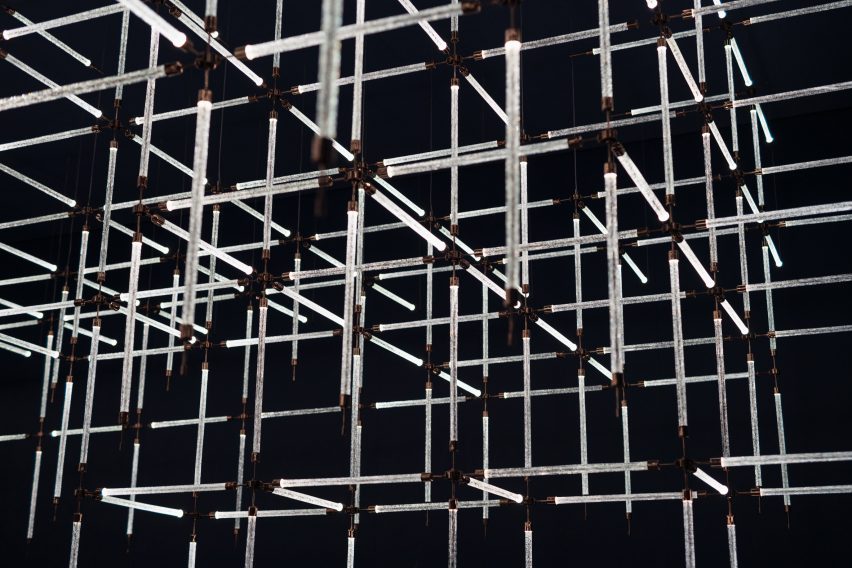 Close up of Preciosa's latticed Crystal Beat installation for Milan design week