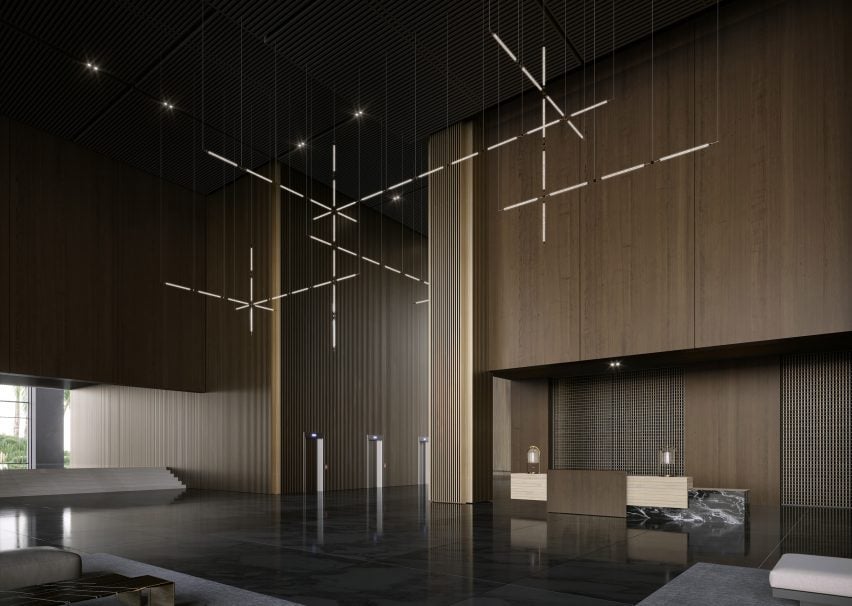 Preciosa's Crystal Grid lighting system suspended in a contemporary lobby interior