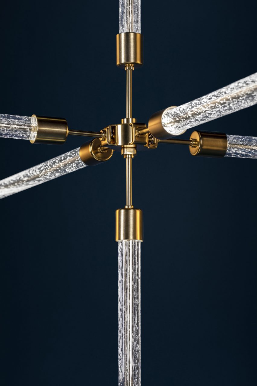 Close up of shimmering bubbles and brass details of Preciosa's Crystal Grid lighting system
