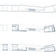 Ground floor, first floor and roof level plans of the El Tiron house by FMT Estudio