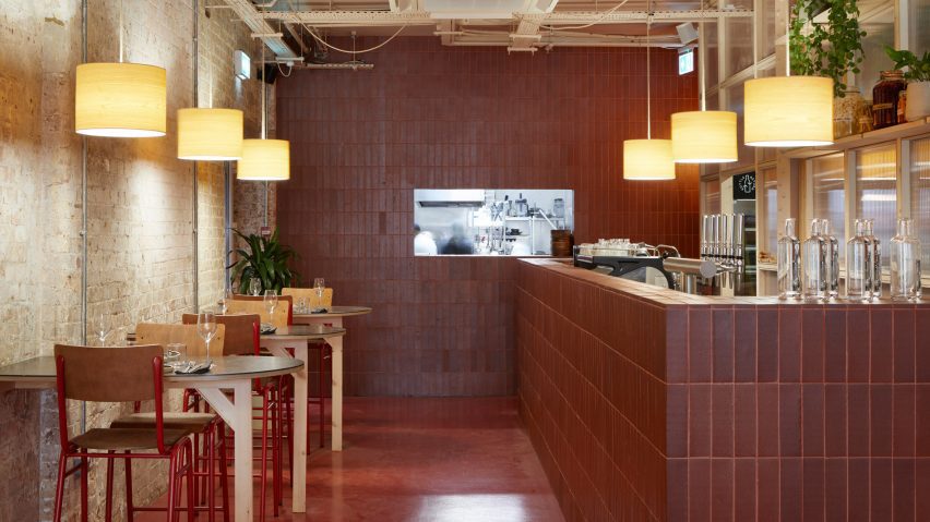 Red tiled wall in Edit restaurant
