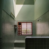Monochrome green bathroom with a skylight