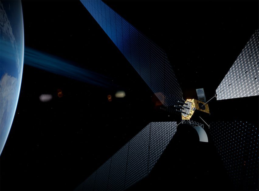 Rendering showing a satellite orbiting Earth with giant solar arrays attached to it like wings