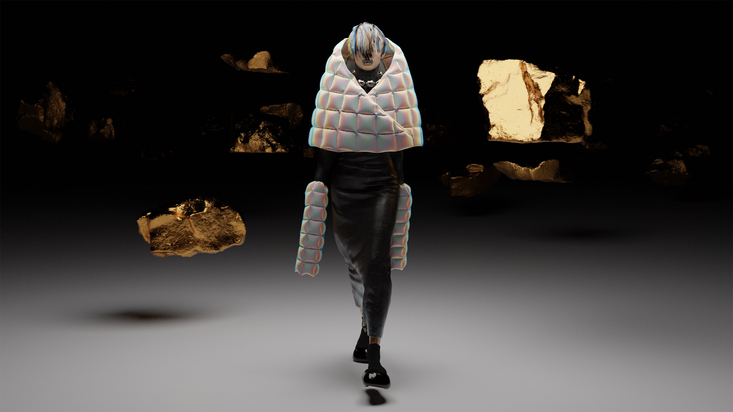 3D render of a model wearing a quilted outfit by Pratt Institute student