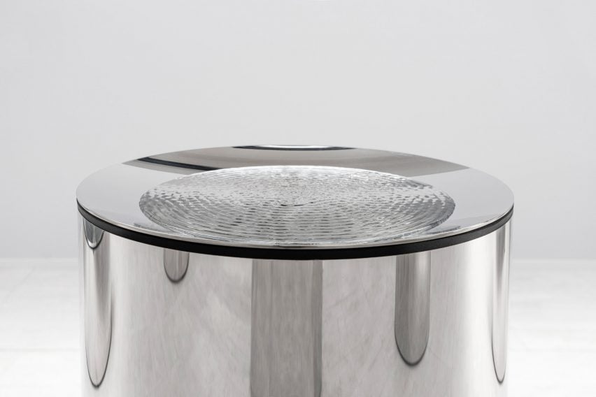Stainless steel basin with rippling water in Milan design week installation by Google