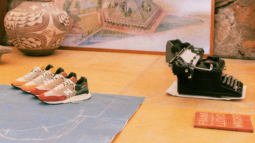 Franky Lloyd Wright/Kith New Balances with typewriter and sketch in background
