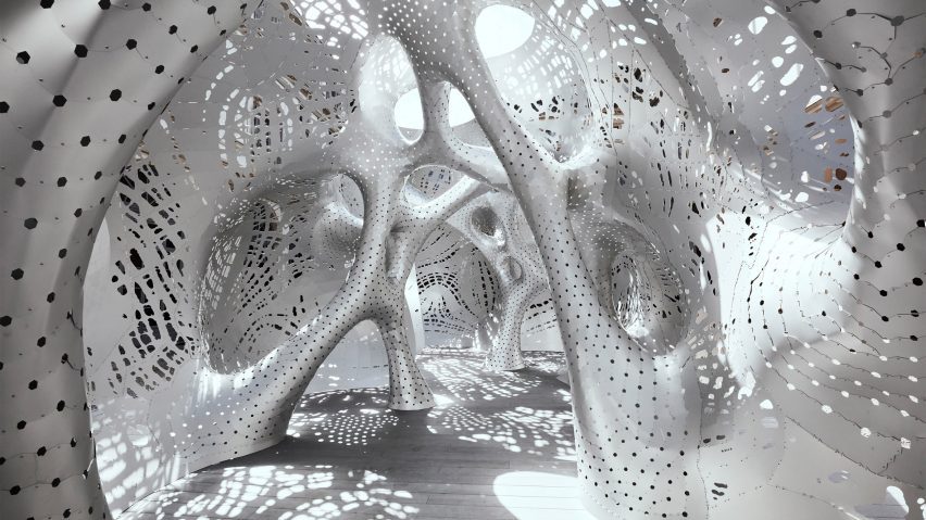Interior of coral-like pavilion by Marc Fornes for Louis Vuitton