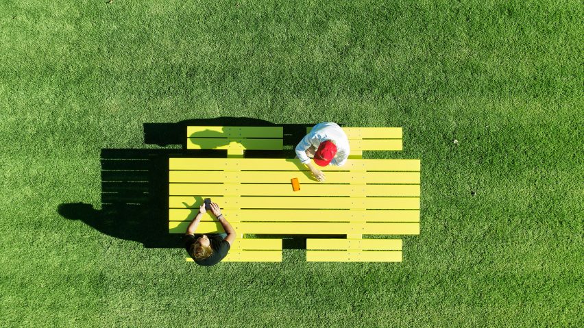 Aerial view of yellow Mass table by Alexander Lotersztain for Derlot