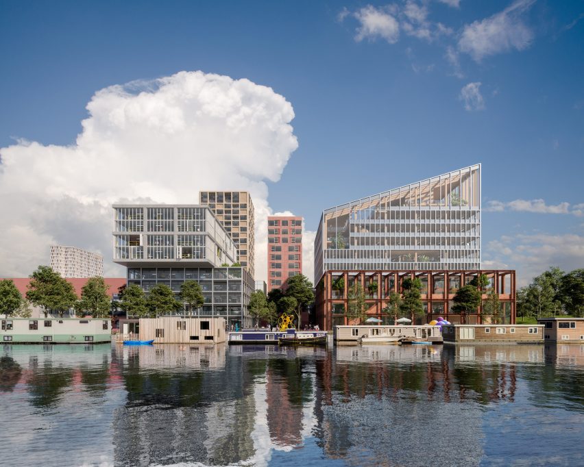 Render of the multiple multi-storey buildings of the Amstel Design District by Mecanoo on the canal-side