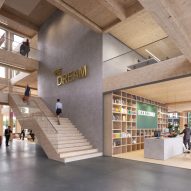 Render of inside a timber building at the Amstel Design District by Mecanoo