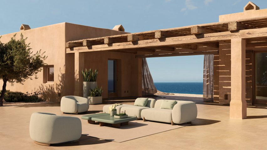 Photo of a pale green outdoor seating set on an expansive terracotta-coloured with a view of the sea in the background