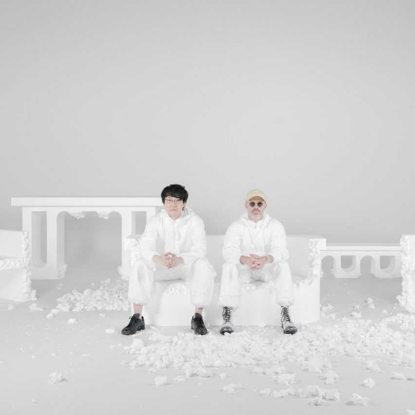 Nendo founder Oki Sato and Daniel Arsham sat on styrofoam piece at Make to Break exhibition Milan