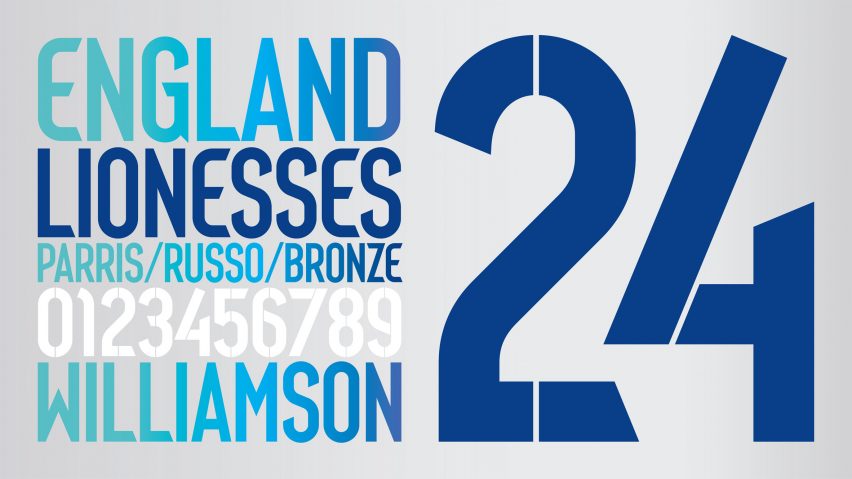 Typeface showing blue and white lettering spelling out the names of England Lionesses