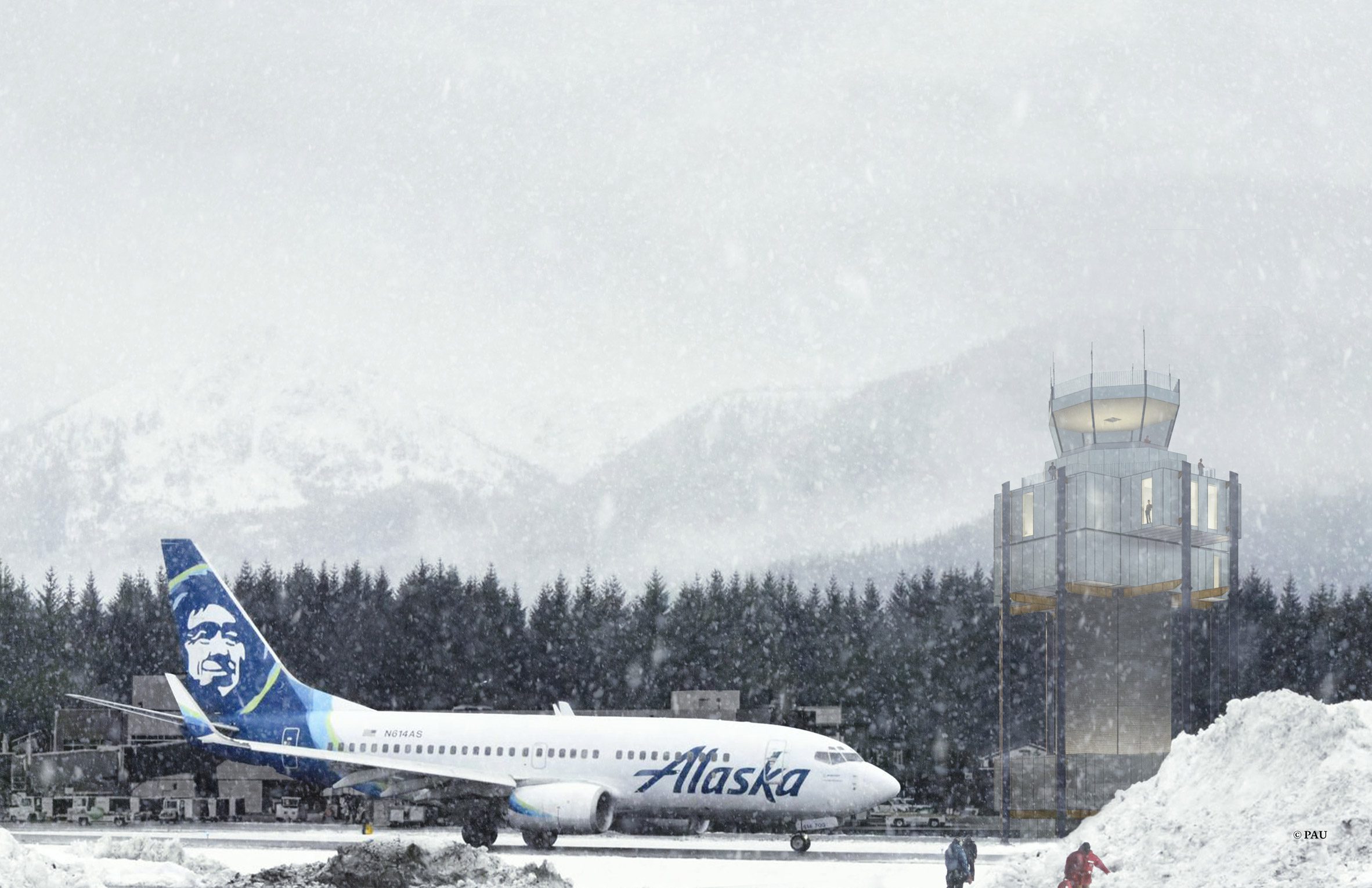 Air traffic control towers in snow with Alaska airline flight and mountains
