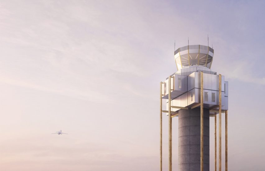Rendering of control tower with plane taking off into distance