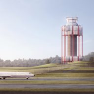 Air Traffic control tower with fields and a plane