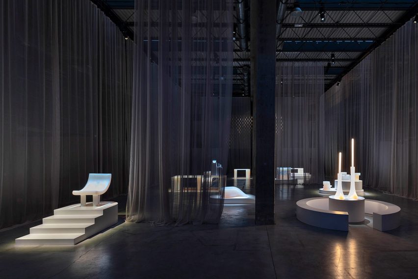 Poikilos resin furniture exhibition by Objects of Common Interest at Nilufar Depot in Milan