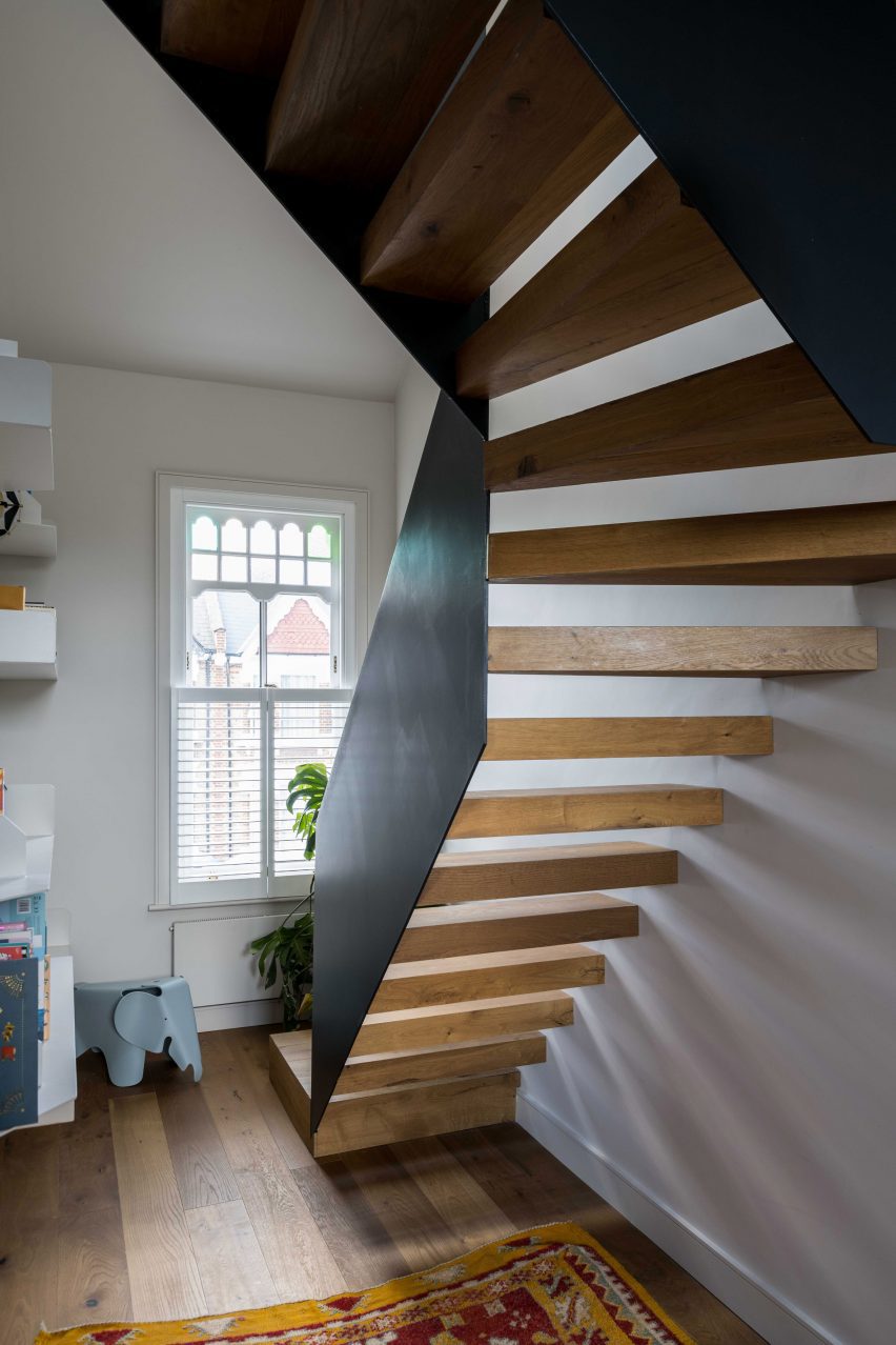Sculptural staircase inside of Queen's Park House by Rise Design Studio