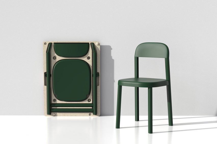 Photo of a minimal dark green plastic chair with a flatpacked package in the background from 2023 Ro Plastic Prize