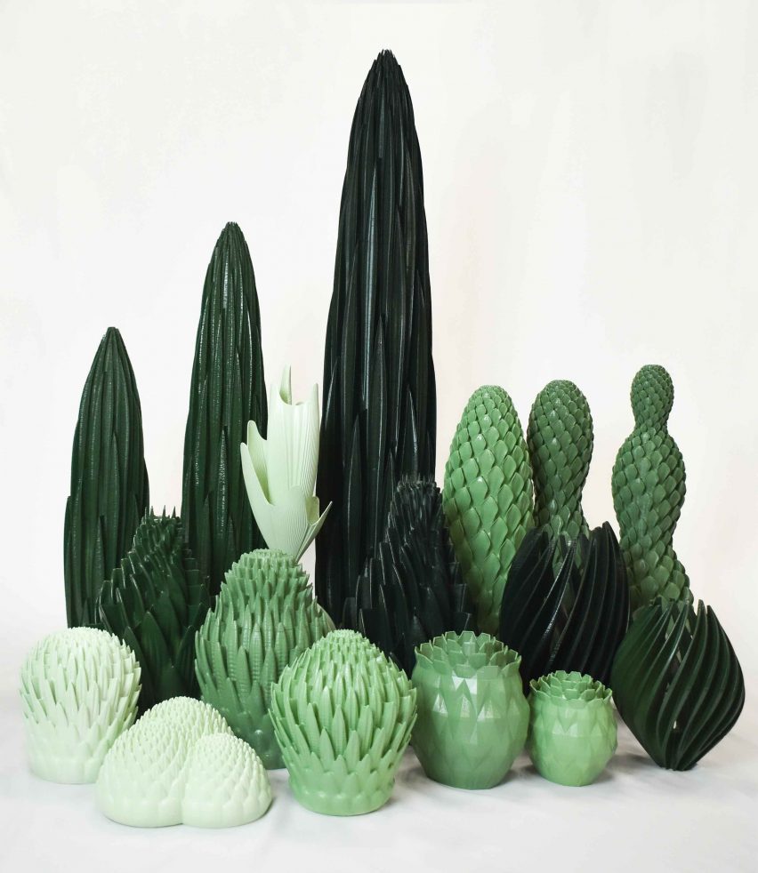 Photo of an arrangement of sculptural green objects in different shapes with complex geometries resembling plants from 2023 Ro Plastic Prize