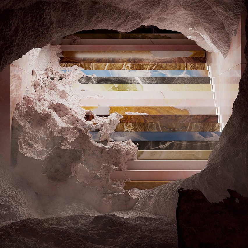 Render of a pink rocky cave with a staircase lined with different coloured marble