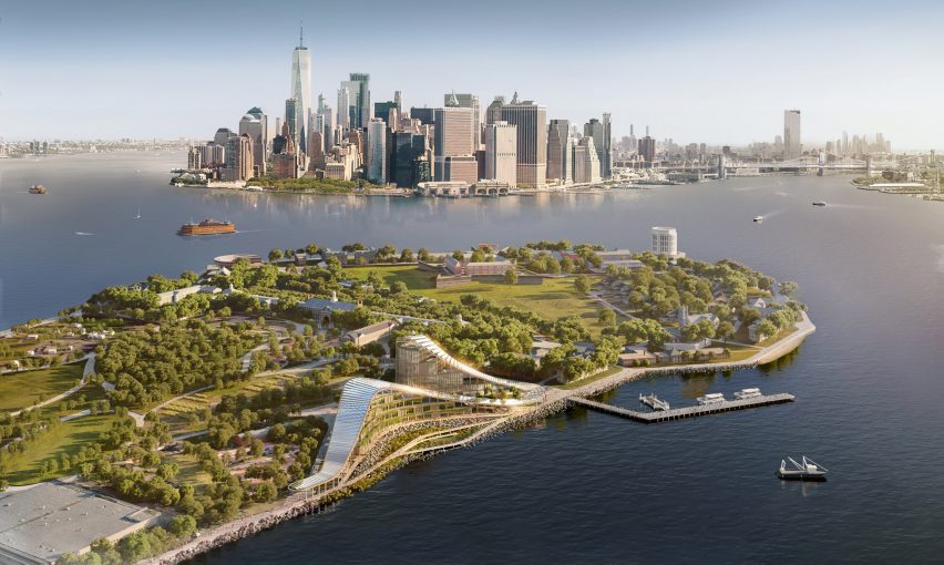 رندر تبادل آب و هوای نیویورک با جزیره در پیش زمینه و خط افق منهتن در پس زمینه