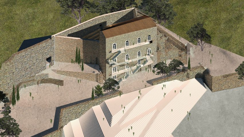 Visualisation showing aerial view of an old castle with a contemporary walkway in front of it