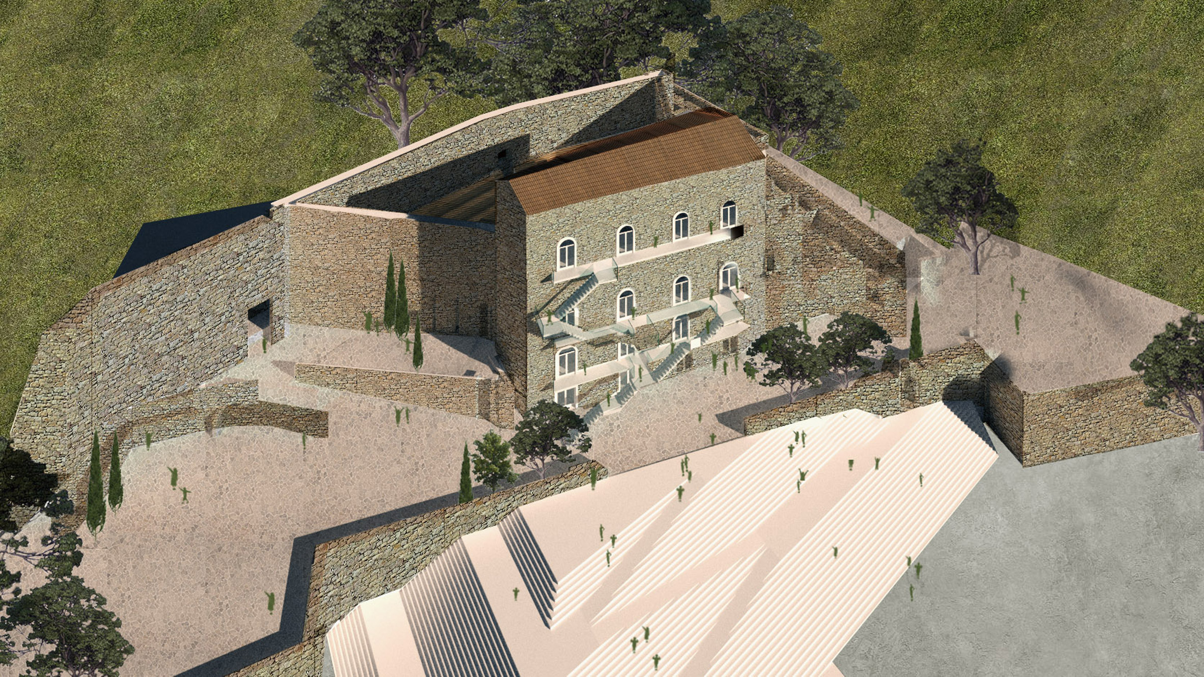 Visualisation showing aerial view of an old castle with a contemporary walkway in front of it